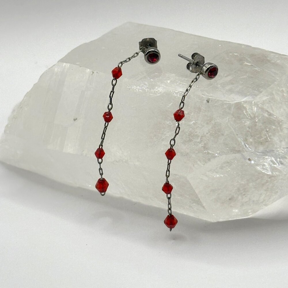 Dainty Drop Earrings -  Silver Tone Chain with Red Glass Faceted Chips